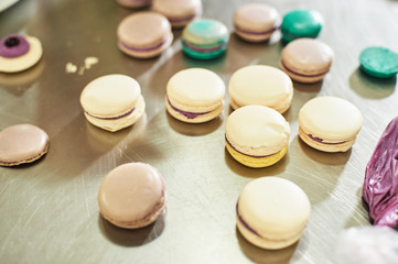 Obraz na płótnie Canvas macaroons shells in a tray. Process of making macaron, french dessert,