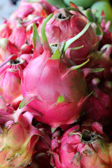 Close up of a tropical, pink dragonfruit, also called pitahaya on a fruit market stand in Indonesia