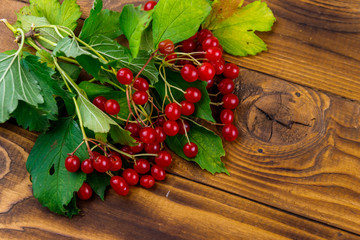 Red viburnum berries with green leaves on wooden table