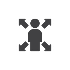 Man with arrows in four directions vector icon. filled flat sign for mobile concept and web design. Employee choice simple solid icon. Symbol, logo illustration. Pixel perfect vector graphics