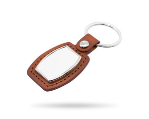 Leather key ring isolated on white background. Fashion key chain for your design. Clipping paths object. Square shape.
