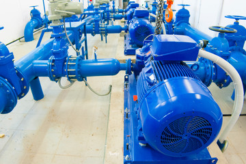 blue pumps in the room for industrial water pumping