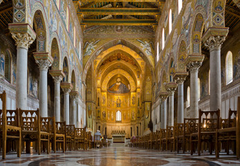 Monreale, Sicily, cathedral. Interior with nave, altar, and choir