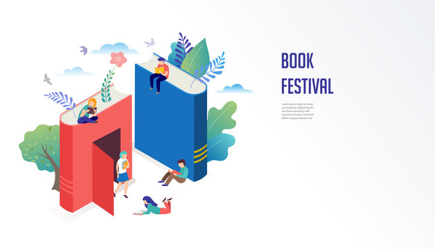 Book festival concept - a group of tiny people reading a huge open book. Vector illustration, poster and banner