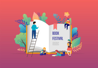 Fototapeta premium Book festival concept - a group of tiny people reading a huge open book. Vector illustration, poster and banner