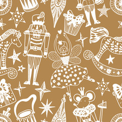 Gold Christmas vector seamless Nutcracker pattern.  Seamless pattern can be used for wallpaper, pattern fills, web page background, surface textures.