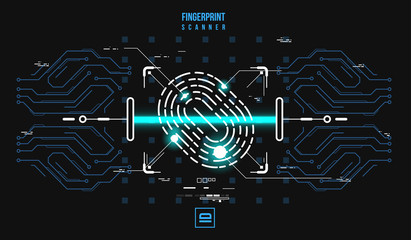 Finger-print Scanning Identification System. Biometric Authorization and Business Security Concept. Illustration with futuristic HUD UI elements.