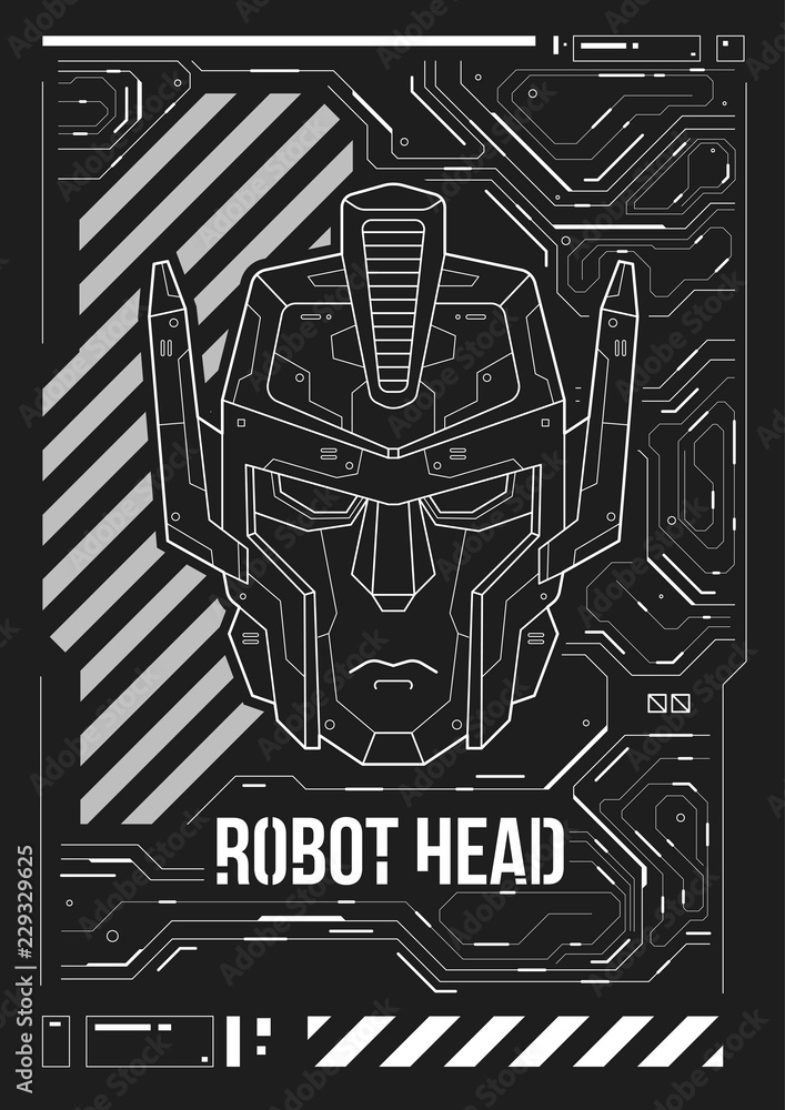 Poster futuristic poster with a robot head. template for web and print. brochure and flyer layout.