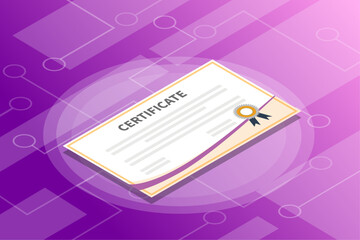 certificate isometric information with violet gradient background modern style