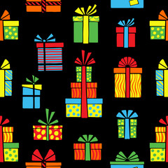 Seamless hand-drawn pattern of stylized colorful gift boxes on a black background. Vector illustration.  Vector illustration.