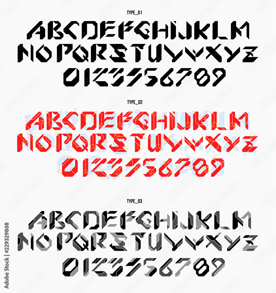 Poster futuristic font in geometric style. conceptual layout for print and web. lettering with futuristic u