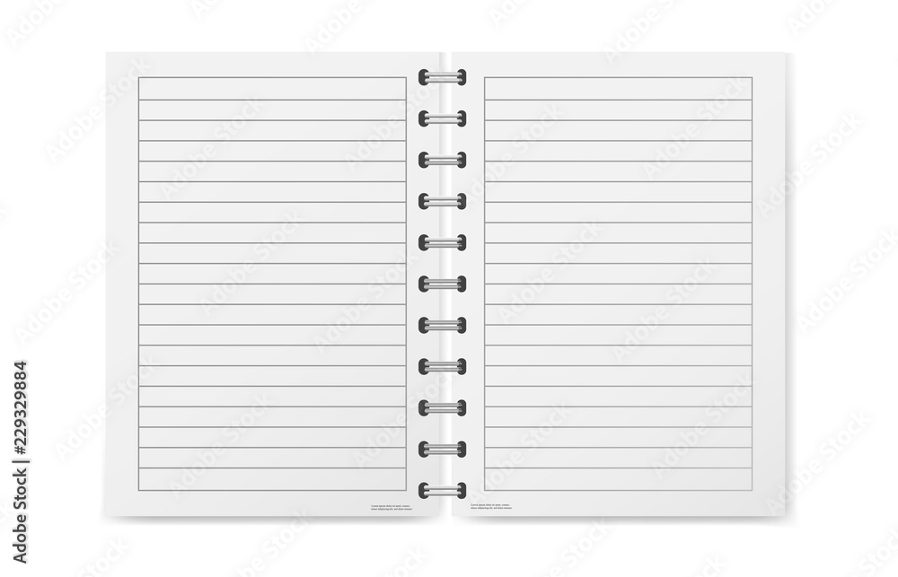 Aufkleber vector illustration of a realistic open exercise book with a silver spiral. vertical blank business 