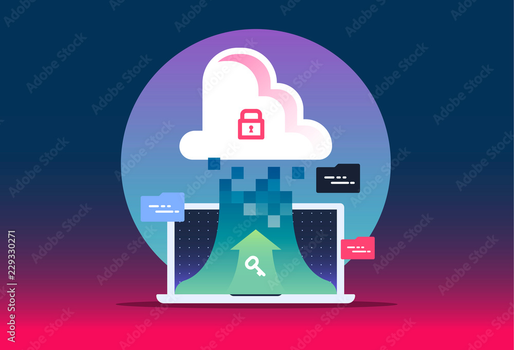 Poster cloud computing concept - connect devices to cloud. illustration for website with laptop on gradient