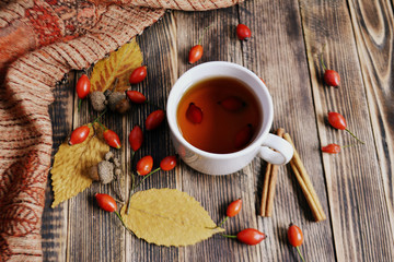 Autumn composition with rose hips nuts leaves a Cup of tea. A Cup of tea with rose hips. Autumn hot drink
