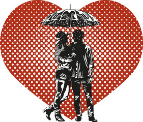 loving couple standing with umbrella in the pouring rain