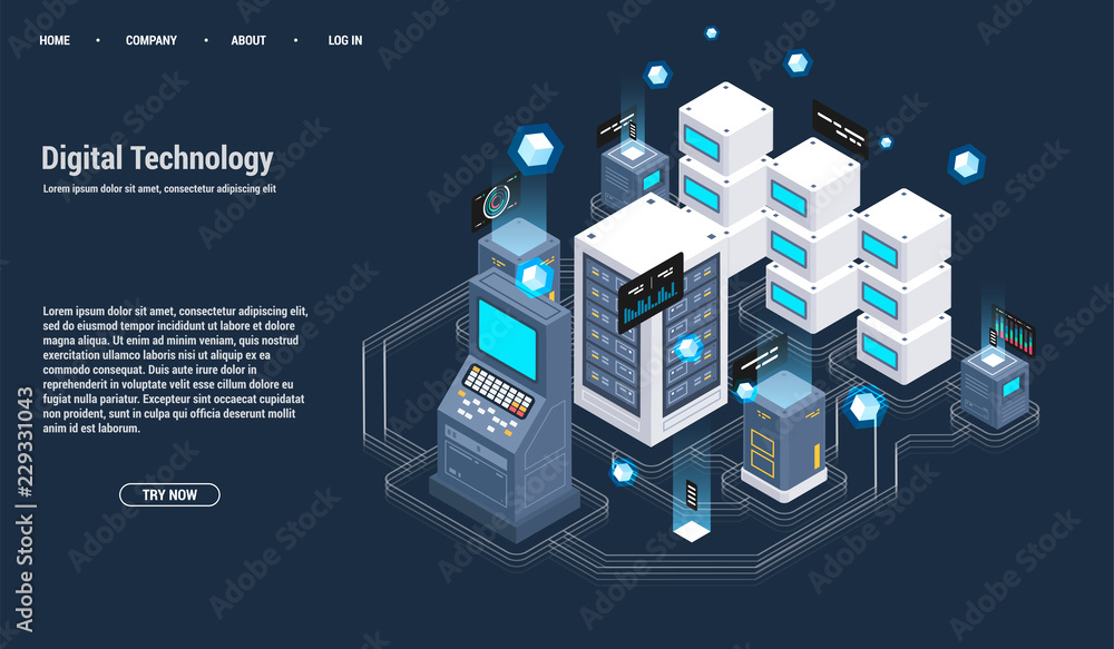 Poster isometric server room and big data processing concept, datacenter and data base icon, digital inform