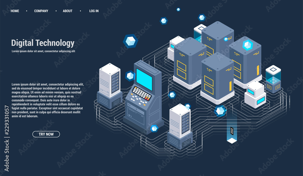Poster isometric server room and big data processing concept, datacenter and data base icon, digital inform