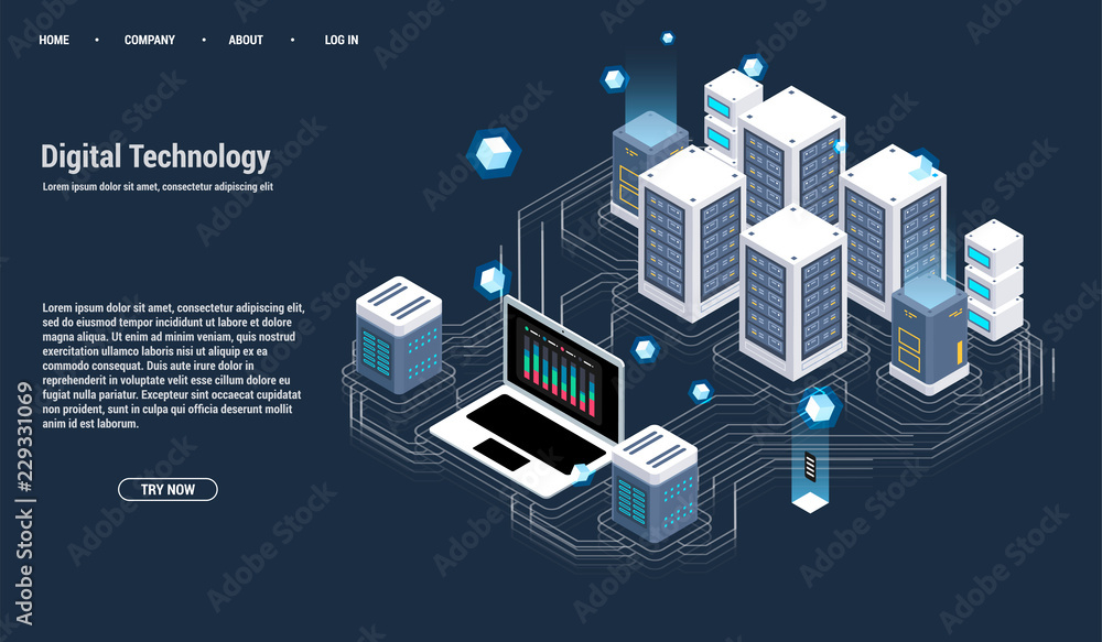 Poster isometric server room and big data processing concept, datacenter and data base icon, digital inform