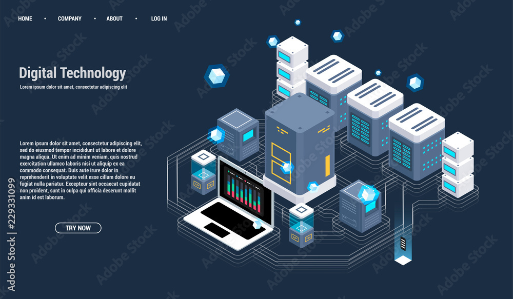 Poster isometric server room and big data processing concept, datacenter and data base icon, digital inform
