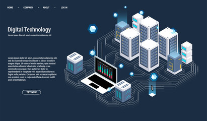 Isometric Server room and big data processing concept, datacenter and data base icon, digital information technology, neon dark gradient