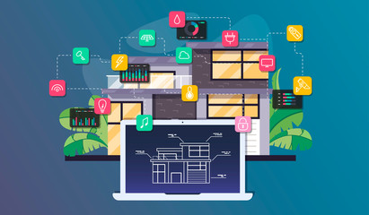 Fototapeta na wymiar Smart home automation and internet of things illustration with icons of house and appliances connected, flat style