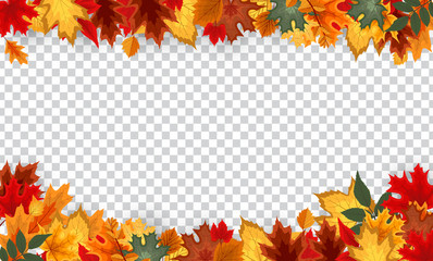 Autumn leaves  border frame with space text on transparent background. Can be used for thanksgiving, harvest holiday,  decoration and design. Vector Illustration