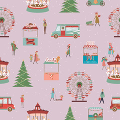 Seamless pattern with winter landscape, Christmas market and walking people. Editable vector illustration