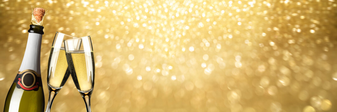 New Year Toast champagne banner, golden background