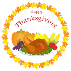 Round Happy Thanksgiving Vector Illustration including Turkey