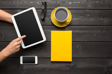 Wood table of business workplace, top view