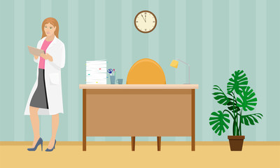 Woman doctor in a white coat with a folder in his hand in the doctor's office. Medical vector illustration. Desk.
