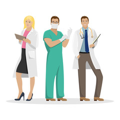 Three doctors in work clothes. Medical vector illustration.