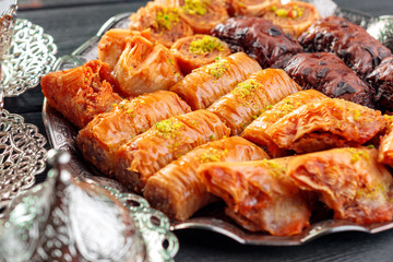 Traditional Baklava on Wooden Table