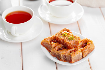Traditional Baklava on Wooden Table