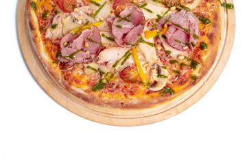 Delicious pizza served on wooden plate isolated on white