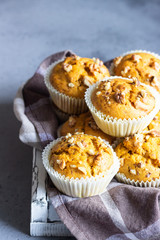 Fall pumpkin muffins with walnuts. Copy space