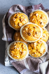 Fall pumpkin muffins with walnuts. Copy space