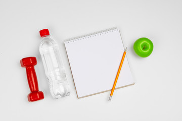 Mockup clipboard with Gym equipment dumbbell on white background