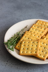 Thin crispy salted crackers with seeds and herbs on grey concrete background. 
