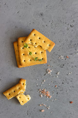 Thin crispy salted crackers with seeds and herbs on grey concrete background. 