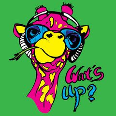 Giraffe vector illustration for t-shirt. Portrait of safari giraffe in funny glasses