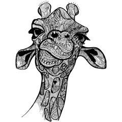 Giraffe vector illustration for t-shirt. Portrait of safari giraffe in doodle elements