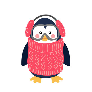Cute vector illustration of penguin in a knitted sweater and fur headphones and ski goggles isolated on white background. Flat icon design.