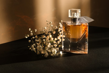 Transparent bottle of perfume with beautiful flowers on dark table