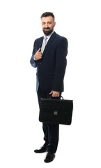Handsome businessman with bag on white background