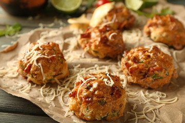 Tasty sausage balls with grated cheese on table, closeup