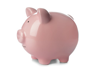 Ceramic piggy bank on white background