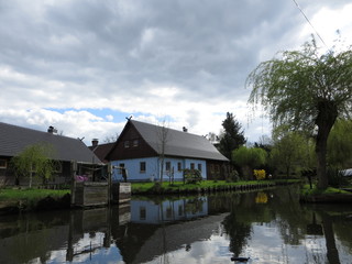 Fototapeta na wymiar village on the river. wooden houses in the autumn landscape