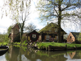 Fototapeta na wymiar The village on the river. Wooden houses in the sping landscape