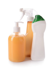 Bottles of detergents on white background